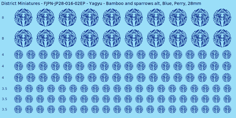 Yagyu clan mon, Blue waterslide decal sheet, Perry banner sizes, 28mm