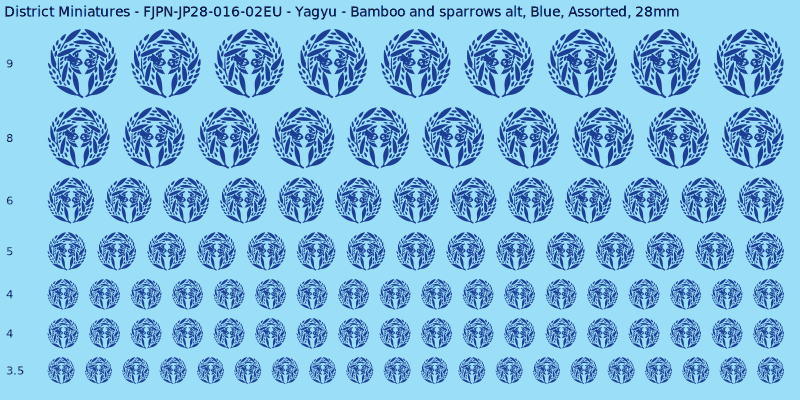 Yagyu clan mon, Bamboo and sparrows alt, Blue waterslide decal sheet, 28mm