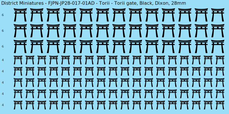 Torii clan mon, Black waterslide decal sheet, Dixon banner sizes, 28mm