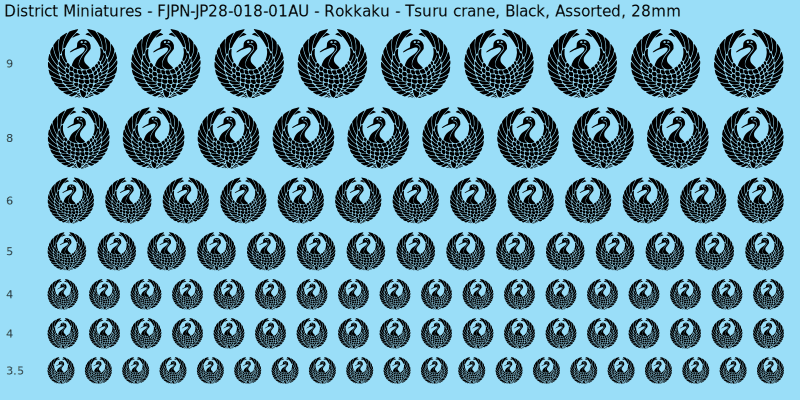 Rokkaku clan mon, Tsuru crane, Black waterslide decal sheet, 28mm