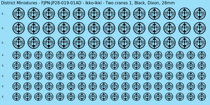 Ikko-Ikki clan mon, Black waterslide decal sheet, Dixon banner sizes, 28mm