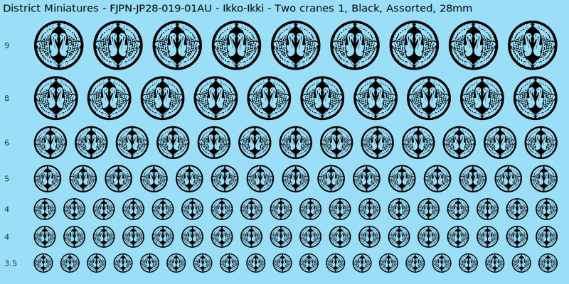 Ikko-Ikki clan mon, Two cranes 1, Black waterslide decal sheet, 28mm