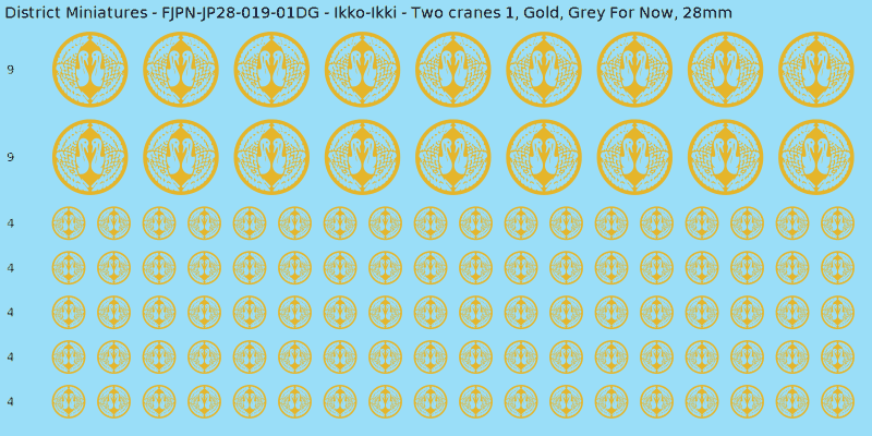 Ikko-Ikki clan mon, Yellow/Gold waterslide decal sheet, Grey For Now banner sizes, 28mm