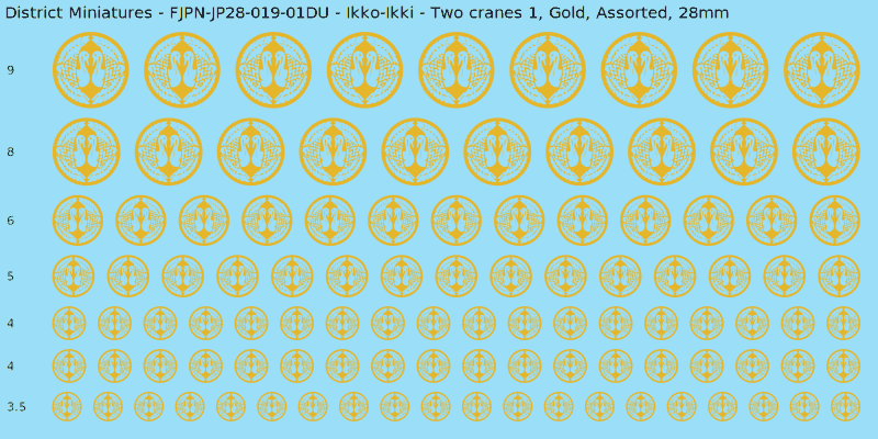 Ikko-Ikki clan mon, Two cranes 1, Gold waterslide decal sheet, 28mm