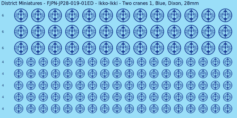 Ikko-Ikki clan mon, Blue waterslide decal sheet, Dixon banner sizes, 28mm