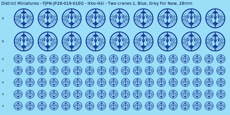 Ikko-Ikki clan mon, Blue waterslide decal sheet, Grey For Now banner sizes, 28mm