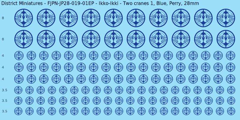 Ikko-Ikki clan mon, Blue waterslide decal sheet, Perry banner sizes, 28mm