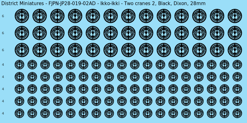 Ikko-Ikki clan mon, Black waterslide decal sheet, Dixon banner sizes, 28mm