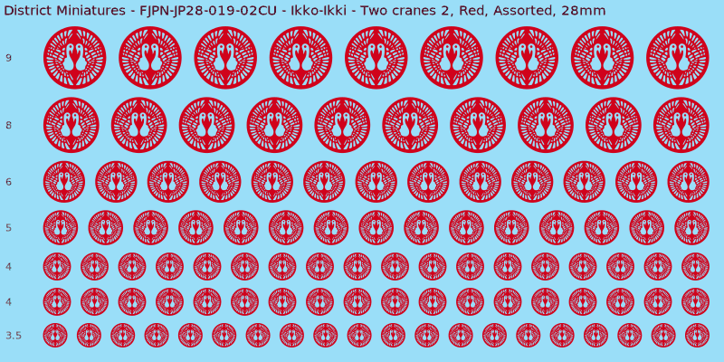 Ikko-Ikki clan mon, Two cranes 2, Red waterslide decal sheet, 28mm