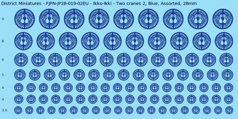 Ikko-Ikki clan mon, Two cranes 2, Blue waterslide decal sheet, 28mm