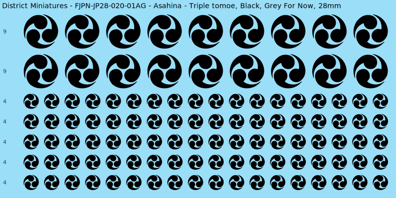Asahina clan mon, Black waterslide decal sheet, Grey For Now banner sizes, 28mm