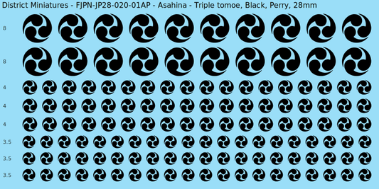 Asahina clan mon, Black waterslide decal sheet, Perry banner sizes, 28mm