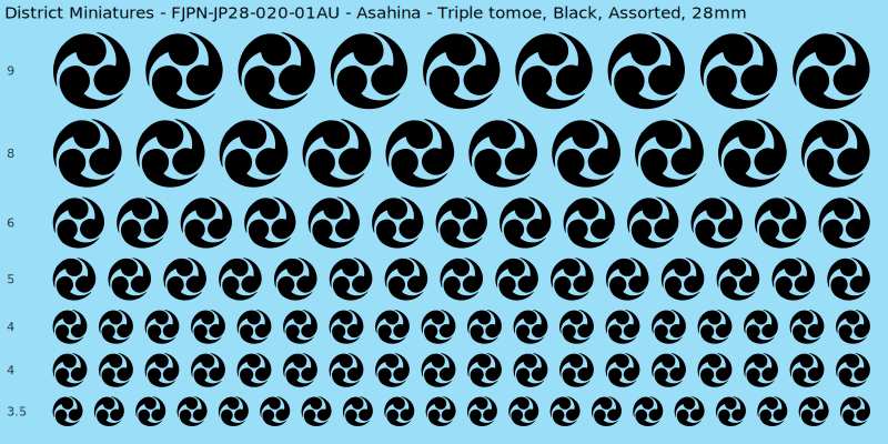 Asahina clan mon, Triple tomoe, Black waterslide decal sheet, 28mm
