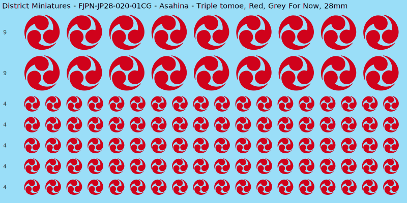 Asahina clan mon, Red waterslide decal sheet, Grey For Now banner sizes, 28mm
