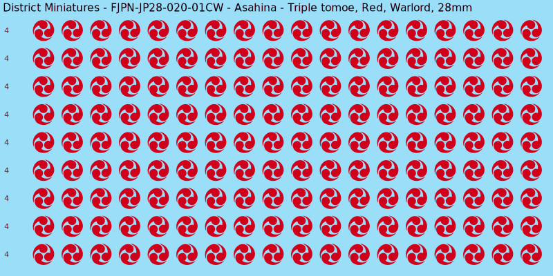 Asahina clan mon, Red waterslide decal sheet, Warlord banner sizes, 28mm