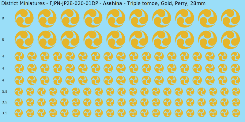 Asahina clan mon, Yellow/Gold waterslide decal sheet, Perry banner sizes, 28mm