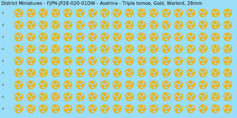 Asahina clan mon, Yellow/Gold waterslide decal sheet, Warlord banner sizes, 28mm