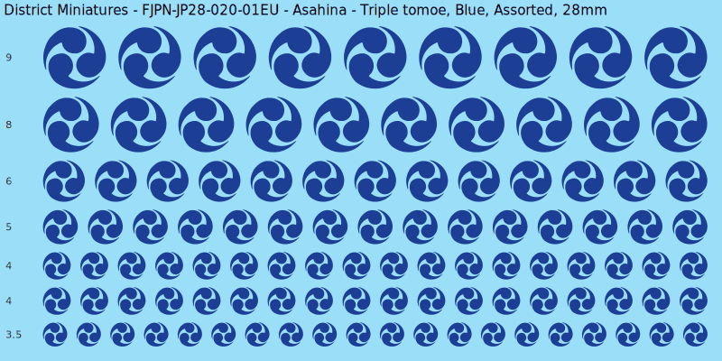 Asahina clan mon, Triple tomoe, Blue waterslide decal sheet, 28mm