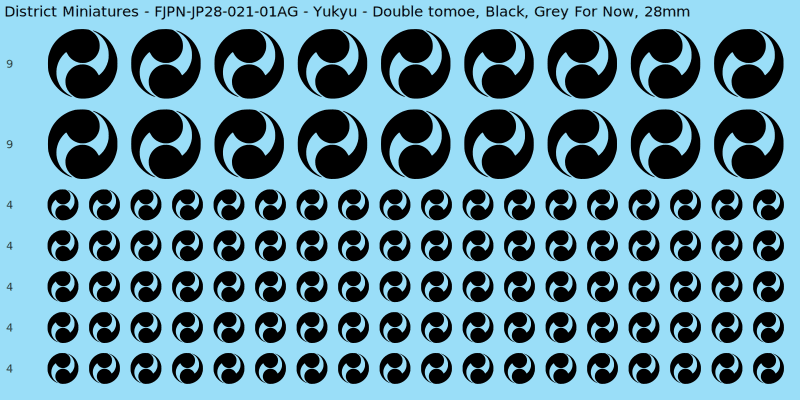 Yukyu clan mon, Black waterslide decal sheet, Grey For Now banner sizes, 28mm
