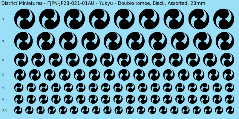 Yukyu clan mon, Double tomoe, Black waterslide decal sheet, 28mm