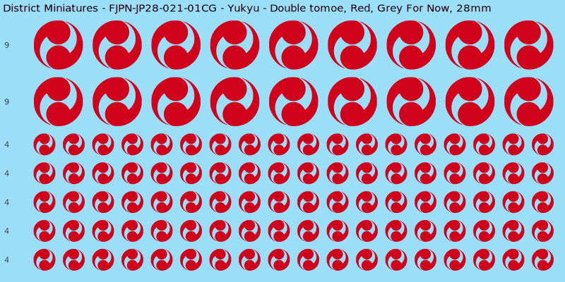 Yukyu clan mon, Red waterslide decal sheet, Grey For Now banner sizes, 28mm