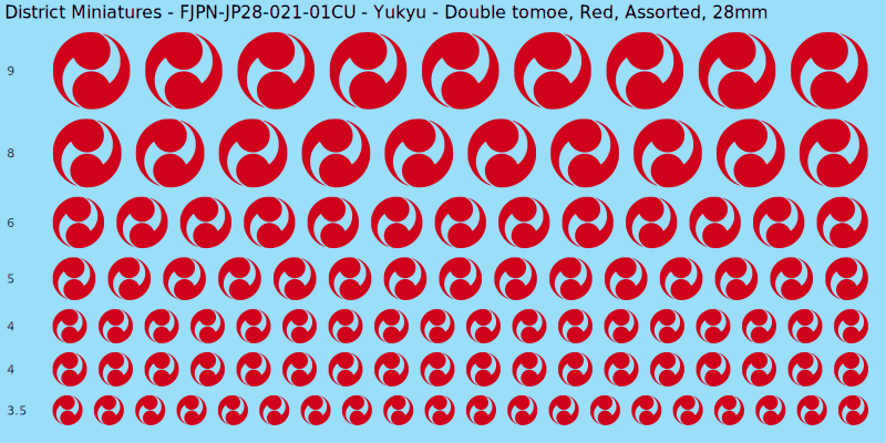 Yukyu clan mon, Double tomoe, Red waterslide decal sheet, 28mm