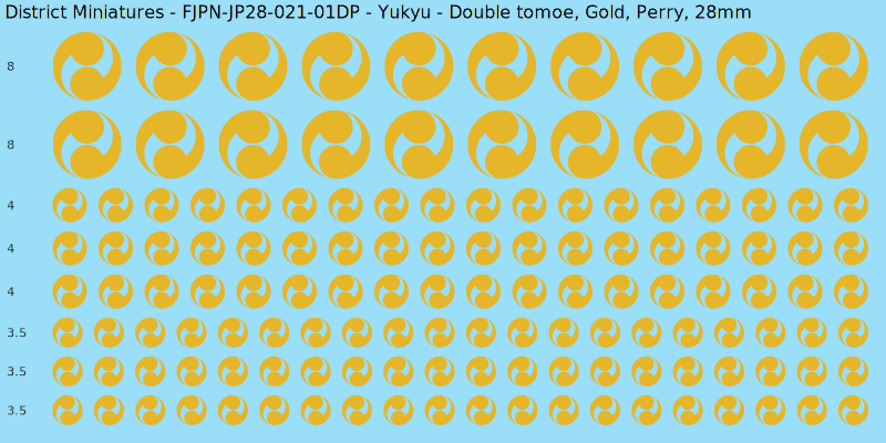 Yukyu clan mon, Yellow/Gold waterslide decal sheet, Perry banner sizes, 28mm
