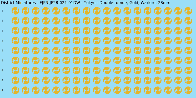 Yukyu clan mon, Yellow/Gold waterslide decal sheet, Warlord banner sizes, 28mm