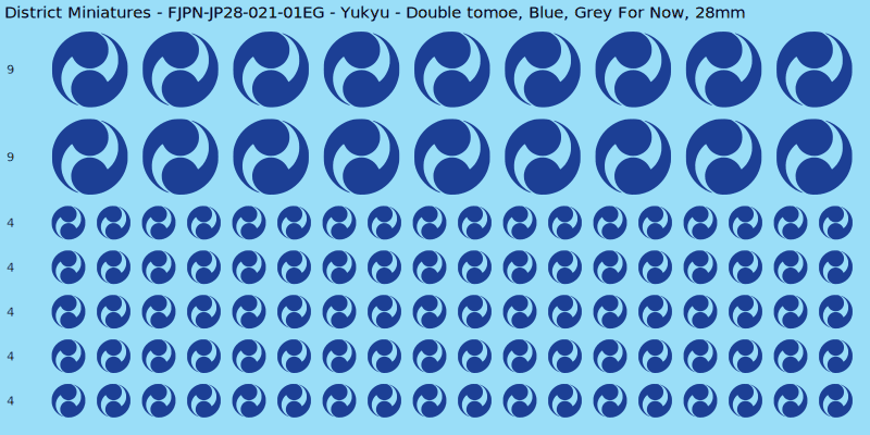 Yukyu clan mon, Blue waterslide decal sheet, Grey For Now banner sizes, 28mm