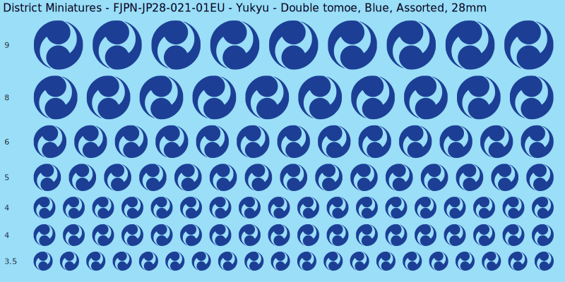 Yukyu clan mon, Double tomoe, Blue waterslide decal sheet, 28mm