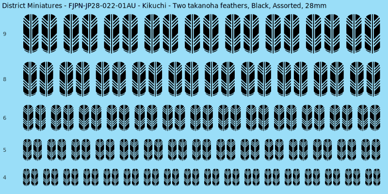 Kikuchi clan mon, Two takanoha feathers, Black waterslide decal sheet, 28mm