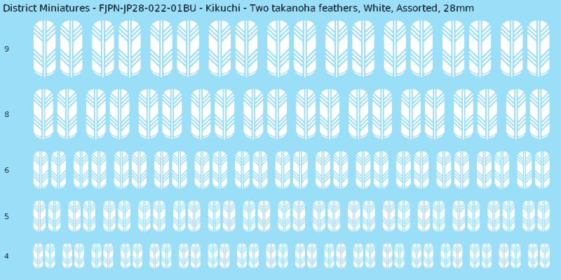 Kikuchi clan mon, Two takanoha feathers, White waterslide decal sheet, 28mm