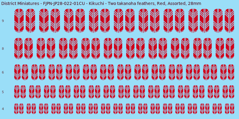 Kikuchi clan mon, Two takanoha feathers, Red waterslide decal sheet, 28mm