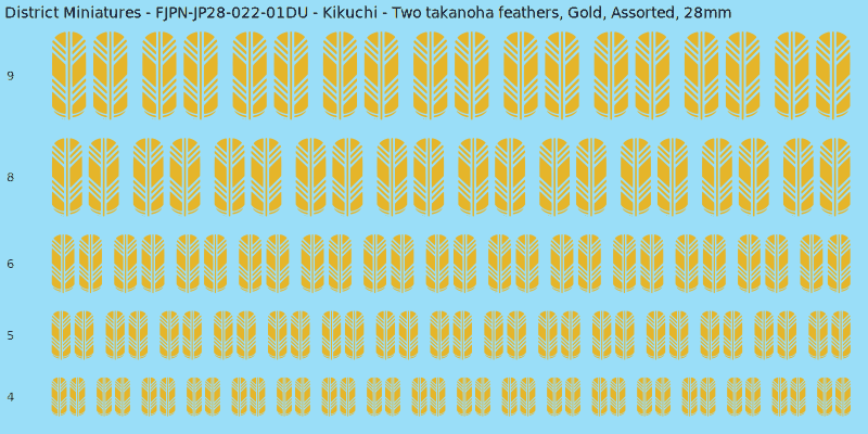 Kikuchi clan mon, Two takanoha feathers, Gold waterslide decal sheet, 28mm