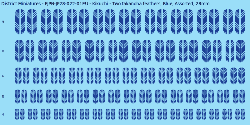 Kikuchi clan mon, Two takanoha feathers, Blue waterslide decal sheet, 28mm