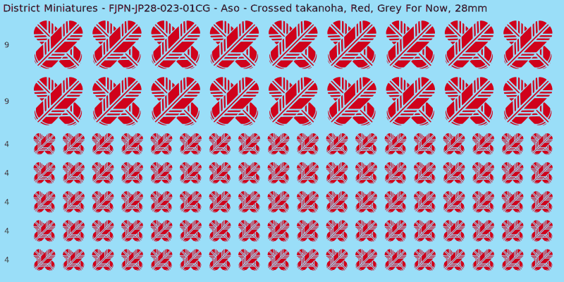 Aso clan mon, Red waterslide decal sheet, Grey For Now banner sizes, 28mm