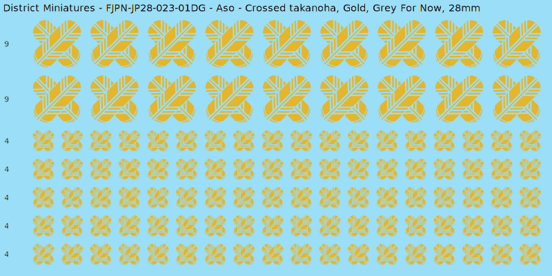 Aso clan mon, Yellow/Gold waterslide decal sheet, Grey For Now banner sizes, 28mm