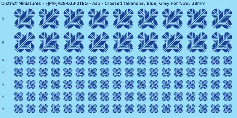 Aso clan mon, Blue waterslide decal sheet, Grey For Now banner sizes, 28mm