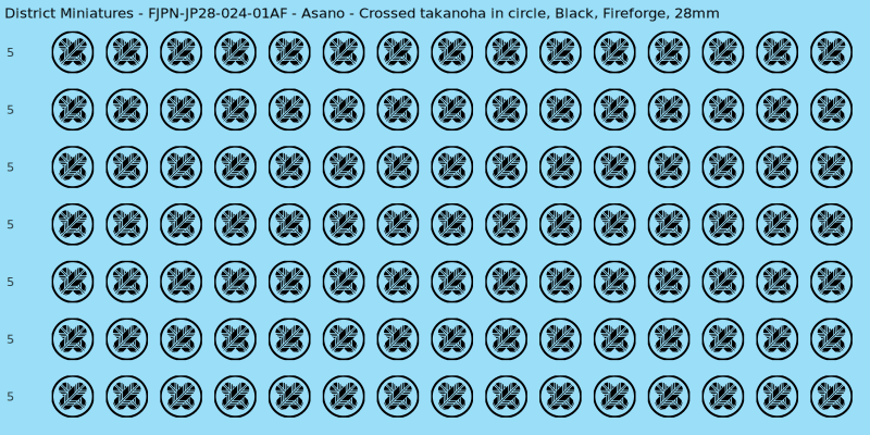 Asano clan mon, Black waterslide decal sheet, Fireforge banner sizes, 28mm