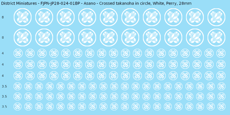 Asano clan mon, White waterslide decal sheet, Perry banner sizes, 28mm