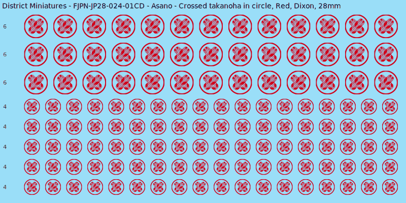 Asano clan mon, Red waterslide decal sheet, Dixon banner sizes, 28mm