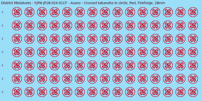 Asano clan mon, Red waterslide decal sheet, Fireforge banner sizes, 28mm