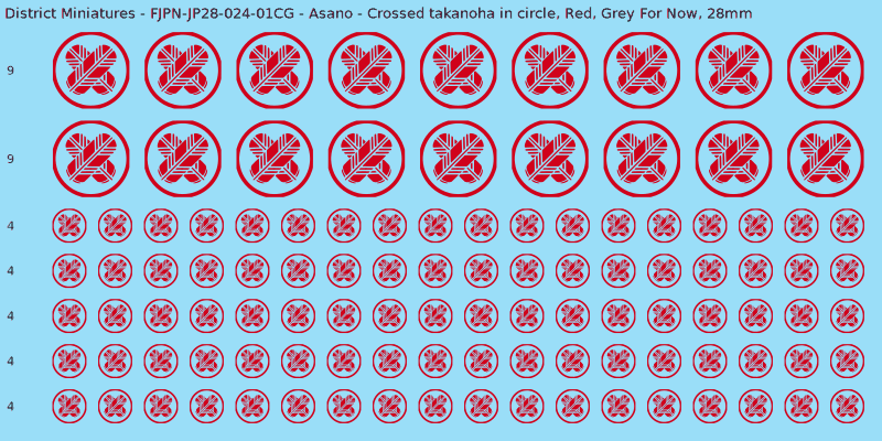 Asano clan mon, Red waterslide decal sheet, Grey For Now banner sizes, 28mm
