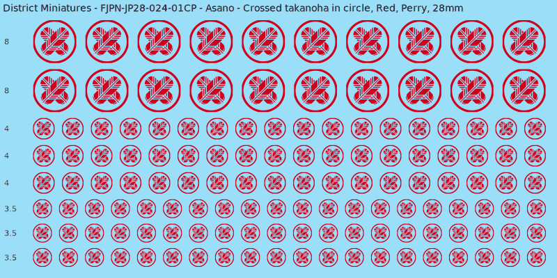 Asano clan mon, Red waterslide decal sheet, Perry banner sizes, 28mm