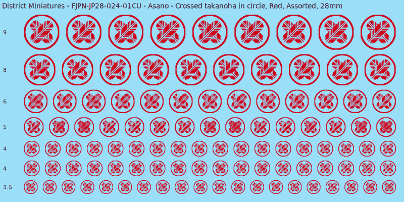 Asano clan mon, Red waterslide decal sheet, Assorted banner sizes, 28mm