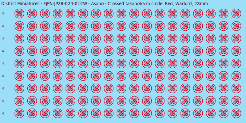 Asano clan mon, Red waterslide decal sheet, Warlord banner sizes, 28mm
