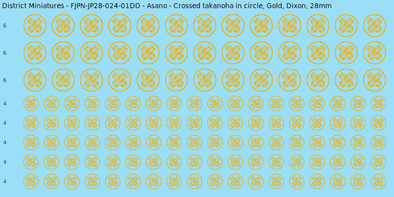 Asano clan mon, Yellow/Gold waterslide decal sheet, Dixon banner sizes, 28mm