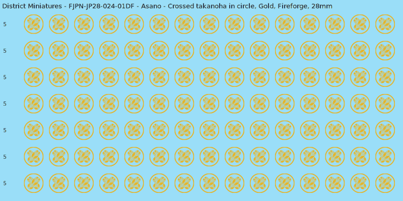 Asano clan mon, Yellow/Gold waterslide decal sheet, Fireforge banner sizes, 28mm