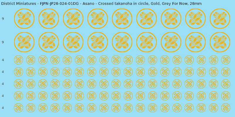 Asano clan mon, Yellow/Gold waterslide decal sheet, Grey For Now banner sizes, 28mm