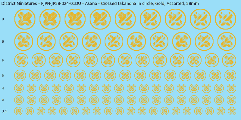 Asano clan mon, Crossed takanoha in circle, Gold waterslide decal sheet, 28mm